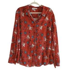 Violeta By MANGO Monkey Print Button Up Top Women's XL Dark Red Floral Safari